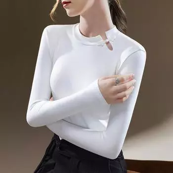 Круглая горловина Базовая рубашка для женщин Новая женская ретро-футболка с длинными рукавами и пряжкой Нижнее белье Топ на талии S