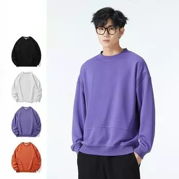 Круглая горловина Толстовка мужская осенняя новая однотонная мужская футболка с длинными рукавами Верхняя часть рубашки Универсальная свободная мужская одежда M белый