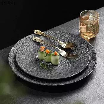 Круглая керамическая обеденная тарелка с рисунком в виде скалы, ресторанная тарелка для стейка, десертная тарелка, тарелки для суши, тарелки для пасты, специальная столовая посуда