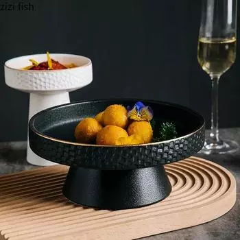 Круглая керамическая тарелка для пасты, стейка, салатницы, супницы, плита для приготовления пищи, кухонная однотонная посуда, высокий поднос для закусок и десертов