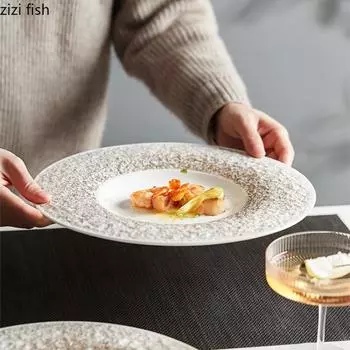 Круглая керамическая тарелка в западном стиле Тарелки для стейков Фруктовая салатница Тарелка для суши Десертные тарелки Блюдо для димсамов Холодные блюда Столовая посуда белый