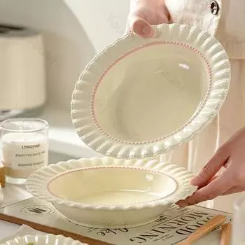 Круглая керамическая тарелка во французском стиле, легкая, роскошная, для ресторана, паста, обеденные тарелки, десертная тарелка для послеобеденного чая, изысканная столовая посуда