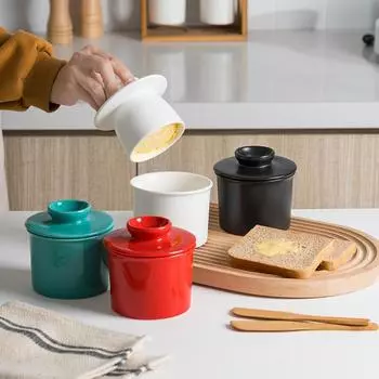 Круглая коробка для масла Керамическая банка для хранения масла Западная чашка для сыра Бамбуковый нож для масла Керамическая банка для хранения Кухонные принадлежности тиффани синий