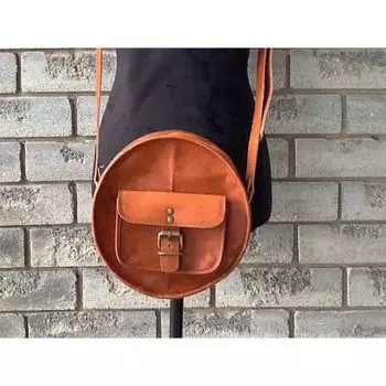 Круглая кожаная сумка-саквояж 9 дюймов, ручная работа, ретро, стиль бохо, с отделением на молнии и отделениями. 9 x 8 x 3 in коричневый