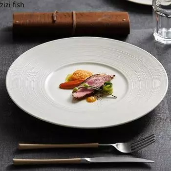 Круглая креативная керамическая тарелка для пасты, стейка, кухонная утварь, ресторанная однотонная простая посуда, поднос для закусок, десертов, обеденные тарелки