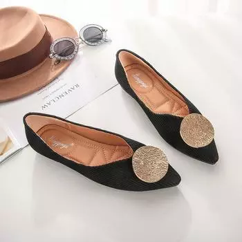 Круглая металлическая пряжка вязаные балетки женские удобные балетки слипоны с острым носком лоферы эластичная плетеная обувь женская больших размеров 40-43 4.5 чёрный