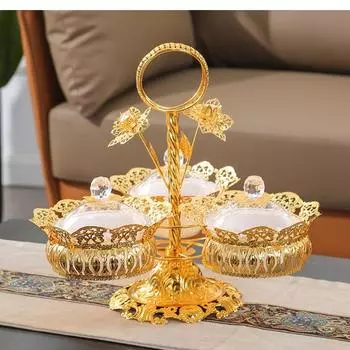 Круглая металлическая ваза для фруктов, переносная железная тарелка для закусок и сухофруктов, коробка для конфет 3 в 1, стильное украшение для гостиной