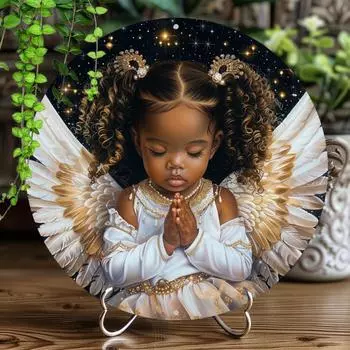 Круглая настенная табличка из цельного алюминия с изображением младенца-ангела - классический стиль, многоцелевая декоративная пластина 8x8 дюймов - устойчивая к погодным условиям чёрный