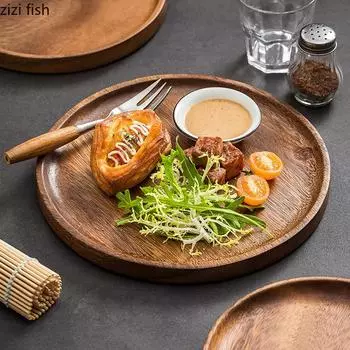 Круглая плоская тарелка из орехового дерева Креативная тарелка для стейков Салатная тарелка Тарелки для пасты Десертные тарелки Специальная ресторанная посуда