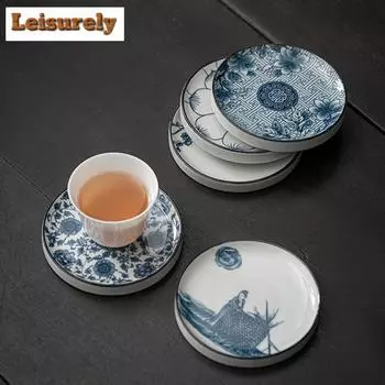 Круглая подставка под чашку с синим и белым цветом, керамический изолированный поднос для чая, термостойкие подставки под чашки, аксессуары для чайного сервиза в стиле кунг-фу