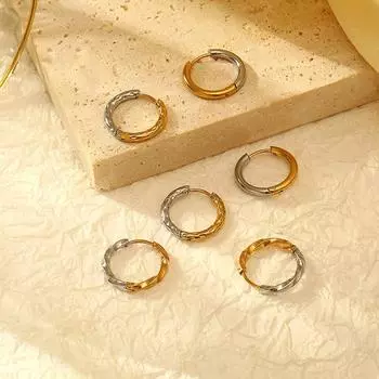 Круглая пряжка для ушей, нержавеющая сталь, двухцветный узор витой нити, простой темперамент, серьги унисекс 18K