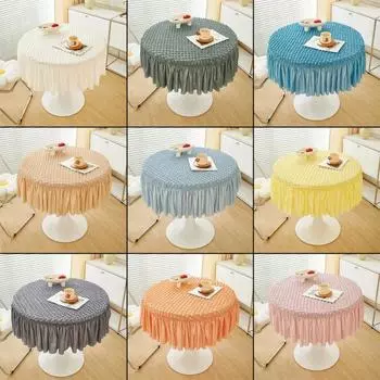 Круглая пузырчатая марлевая скатерть из жатого хлопка, однотонная эластичная юбка для стола, современный простой стиль, украшение для дома, чехол для обеденного стола Diameter 60cm