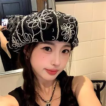 Круглая роза восьмиугольная шляпа винтажный черный цветок берет индивидуальный купол берет женский чёрный