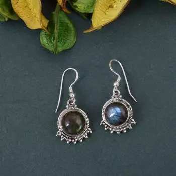 Круглая серьга с кабошоном из натурального лабрадорита-серебро 925 пробы ручной работы висячая серебряная серьга для женщин синий