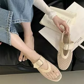 Круглая сетчатая пряжка с одним словом, балетки, женские сандалии Мэри Джейн с плоской подошвой, с открытой пяткой, обувь для рыбалки с сеткой 35 чёрный