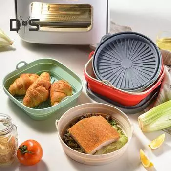 Круглая силиконовая подкладка для фритюрницы Двойные ручки Пищевой класс Не содержит бисфенола А Жаропрочная посудомоечная машина Безопасная многоразовая духовка Противень для выпечки Корзина Чаша Кухонные принадлежности L темно-серого