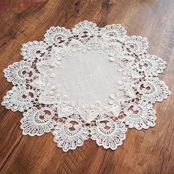 Круглая скатерть из льняной ткани, двухцветная домашняя кружевная вышивка, кружевное покрывало для стола, полотенце