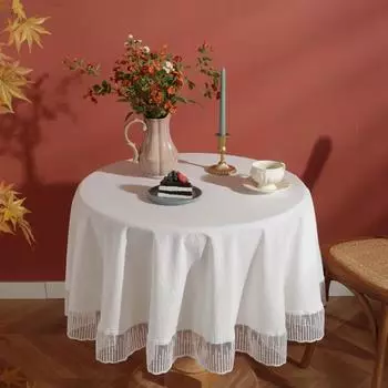 Круглая скатерть с элегантным кружевным краем, хлопковая ткань, кухонный декор, праздничное изящное украшение стола, пылезащитная, можно стирать в стиральной машине DIA 90CM