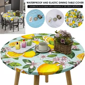Круглая скатерть с цветочным принтом, текстура дерева, винтажная, для помещений и улицы, водонепроницаемая, эластичная, декоративная скатерть для пикника 110-120cm