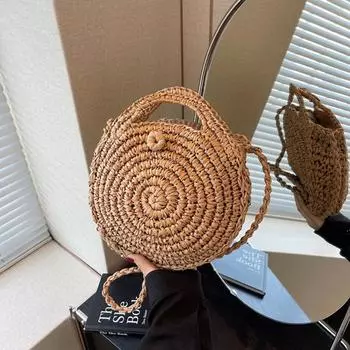 Круглая соломенная сумка через плечо, плетеная сумка ручной работы для женщин, летняя пляжная сумка, дорожная маленькая сумочка и кошелек в стиле бохо 30*30*10cm бежевый