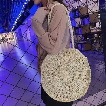 Круглая соломенная сумка Yogodlns для женщин, сумка в деревенском стиле, женская летняя сумка на плечо, женский большой кошелек, сумка на один ремешок, bolso 38*10*38cm бежевый