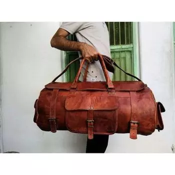 Круглая спортивная сумка ручной работы из козьей кожи, Night Weekender, 24 x 11 x 11 in коричневый