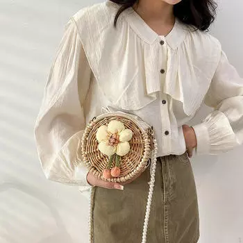 Круглая сумка из ротанга в стиле бохо, повседневная женская сумка через плечо для пикника, лета Flower