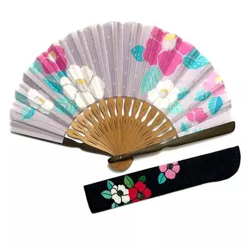 Круглая сумка-веер Sensu с чехлом, в комплекте с чехлом Sensu, цветочным узором Camellia Tsubaki, темно-синий, стильный, милый, 21 см, Camellia [Hana Kanzashi], женский серый