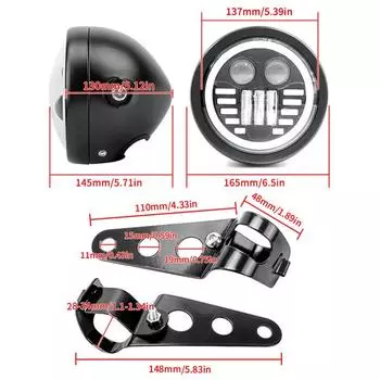 Круглая светодиодная фара для мотоцикла с кронштейнами в сборе, высокая мощность 26 Вт, суперяркая 6500 К, ретро-фара для передней части 12 В, универсальные детали чёрный