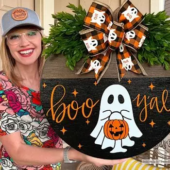 Круглая вешалка на дверь на Хэллоуин с изображением привидения Boo Y all , подвесной деревянный венок, украшение, праздничное украшение, настенное искусство, подарок на новоселье