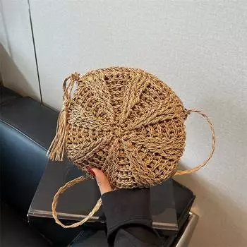 Круглая женская соломенная сумка из ротанга, вязаная летняя пляжная сумка, женская сумка через плечо с кисточками и дизайном через плечо 22x4x22cm бежевый