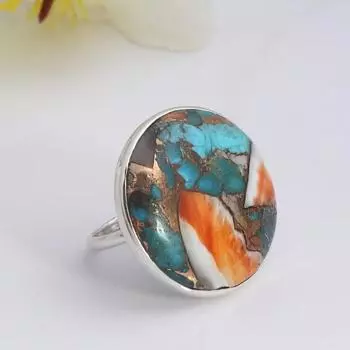 Круглое кольцо с драгоценным камнем из меди и бирюзы устрицы, кольцо ручной работы, эффектное кольцо, кольцо унисекс, украшения на день рождения, кольцо из серебра 925 пробы 6