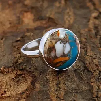 Круглое кольцо с драгоценным камнем из меди и бирюзы устрицы, эффектное кольцо, подарок на день рождения, кольцо с безелем, кольцо ручной работы, подарок на годовщину, кольцо из серебра 925 пробы 6