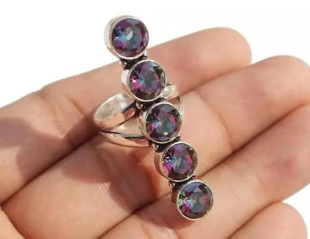 Круглое кольцо с драгоценным камнем с мистическим топазом, кольцо ручной работы, серебро 925 пробы, ювелирные изделия из камня, большое огромное кольцо, подарок на день Святого Валентина 6