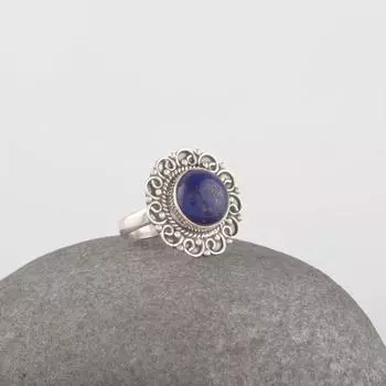 Круглое кольцо с лазуритом и драгоценным камнем, богемное кольцо, уникальный подарок, эффектное кольцо, серебряные подвески, серебро 925 пробы 6