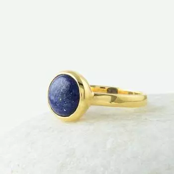 Круглое кольцо с лазуритом и драгоценным камнем, кольцо ручной работы, эффектное кольцо, кольцо из желтого золота, кольцо с безелем, женское кольцо, кольцо из серебра 925 пробы 6