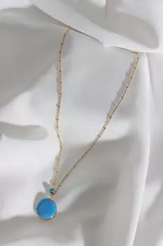 Круглое колье золотого цвета с синей эмалированной крышкой, подходит для двустороннего использования