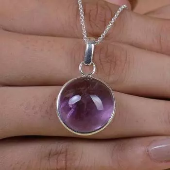 Круглое ожерелье с подвеской из драгоценного камня аметиста, твердое серебро 925 пробы, ювелирные изделия из камня, подарок для нее, украшения на день рождения 18 inch