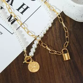 Круглое ожерелье с портретом, подвеска, модный элегантный комплект из двух предметов, комплект ювелирных изделий для любителей жемчуга, очаровательная цепочка для свитера с темпераментом золотой