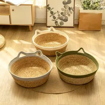 Круглое тканое кошачье гнездо ручной работы, соломенная тканая игрушка, кровать для домашних животных, милые принадлежности для кошек