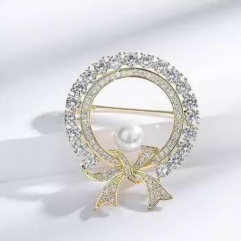 Круглые белые жемчужные милые броши с бантом для женщин, креативные роскошные броши из антибликового сплава с лацканами, фиксированные булавки для одежды золотой