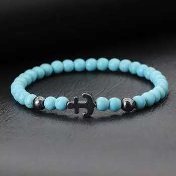 Круглые бусины черного желчного камня бирюзовые браслеты для мужчин и женщин простые якорные бусины браслет пара ювелирные изделия для рук 19.5cm/7.68inch чёрный