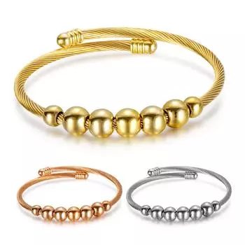 Круглые бусины из стальной проволоки, симметричный открытый скользящий браслет, трехцветный эластичный браслет золотой