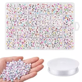 Круглые бусины с буквами алфавита, 24 сетки, 26 букв, набор из 1200 штук, 7x4 мм, в комплекте 1 рулон эластичной нити, акриловые бусины, аксессуары, бусины с буквами