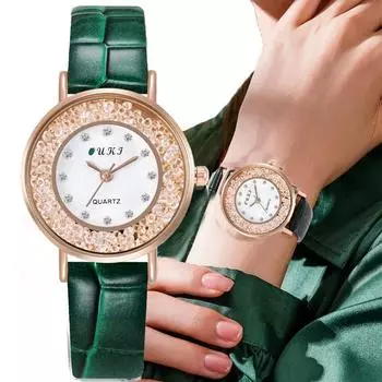 Круглые часы со стразами, простые кварцевые наручные часы для девочек, ретро-кожаный ремешок, маленький циферблат, двухслойные женские аксессуары чёрный