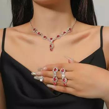Круглые капли свадебный комплект ювелирных изделий блестящий свадебный комплект из стразов ожерелье комплект для ушей и ногтей для девочек красный
