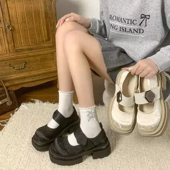 Круглые мокасины женские модели Весенний прилив с ретро-маленькими кожаными туфлями Женские туфли JK Single на липучке Модные женские летние дышащие туфли 35