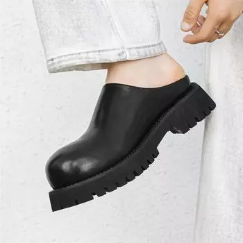 Круглые мужские кожаные туфли Летние модные тапочки для отдыха на открытом воздухе, вечеринок, прогулок, на толстой подошве, увеличивающие рост мужские туфли 38 чёрный