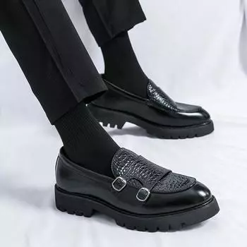 Круглые мужские мокасины. Модный дизайн с двойной пряжкой. Модные повседневные мужские туфли на толстой подошве для свадебных вечеринок и отдыха на природе. 38 чёрный