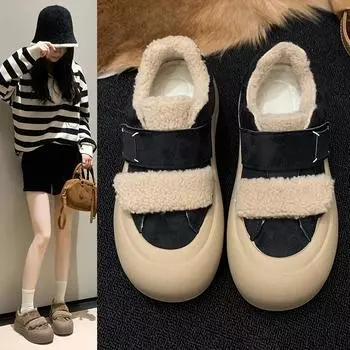 Круглые носки Зимние туфли из коровьей замши на плоской подошве Однотонные женские туфли на распродаже 2024 Высококачественные лаконичные туфли на среднем каблуке Sapatos Baixos 35 абрикосовый